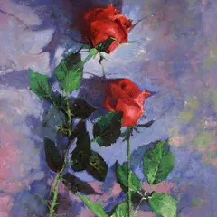 A beautiful still life of red roses, demonstrating how oil paints can be used to create realistic textures and dramatic lighting.