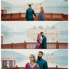 Harpreet and Arpanjot in stunning traditional attire at Jal Mahal. The contrast of their colorful outfits against the serene backdrop of the lake and palace creates a breathtaking image.