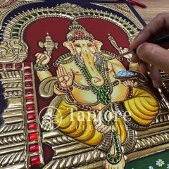 A close-up of a beautiful Ganesha painting, a piece we also teach in our beginner-friendly classes. Notice the fine details in the ornaments and the gentle expression that brings the deity to life.