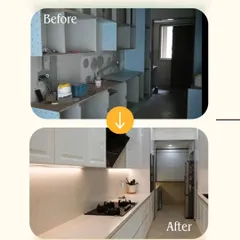 Before and After: This kitchen went from a basic structure to a streamlined, modern culinary space with handle-less cabinets and under-cabinet lighting for a clean, functional look.