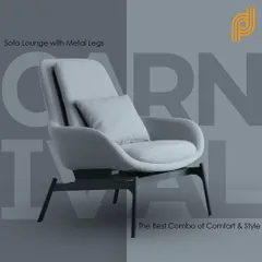 The 'Carnival' lounge chair offers a deep, comfortable seat with a supportive back pillow. Its sleek metal legs give it a modern, floating appearance, perfect for contemporary living rooms.