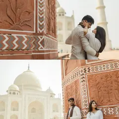 A collage showcasing different angles and moments from our Taj Mahal pre-wedding shoot. We use the intricate architecture and grandeur of the location to frame both posed and candid couple portraits.