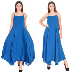 A two-pose image of a model in a flowing blue maxi dress against a white background, showing both the fit and fabric movement.