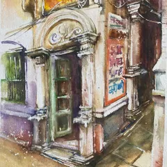 The lanes of Banaras are a mystery I love to unfold. This watercolor captures a corner I found, with its beautiful vintage architecture and the quintessentially Indian 'S.K. HOTEL' sign.