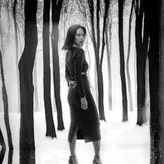 Black and white photography strips away everything but emotion and form. I created this stark, snowy forest backdrop with projection to tell a story of quiet strength and timeless elegance, where light and shadow sculpt the narrative.
