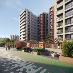 A 3D render of the 'Pixelscapes' entrance area. The pixelated pattern in the paving defines pedestrian-safe zones and introduces a playful design language that continues throughout the landscape.