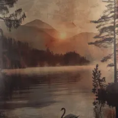 This painted landscape backdrop of a lake at sunset adds a touch of artistic and natural beauty to your indoor studio session.