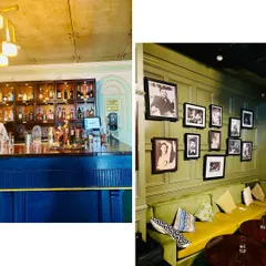 A look at my bar and one of my cozy green booths. It's the perfect spot for a quiet drink or a long chat with friends.