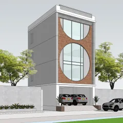 A proposed elevation concept featuring bold circular window designs set against a brick-textured facade. This unique architectural approach creates a memorable and artistic statement, demonstrating our ability to think beyond conventional forms.