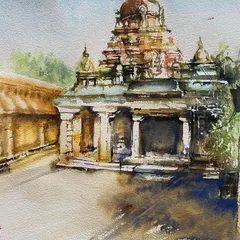 My first artwork of the year, this watercolor captures the serene beauty of a South Indian temple. The play of light and shadow on the ancient stone architecture is a favorite subject of mine.