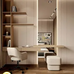 A close-up of the integrated study desk and shelving unit, showing a clever use of space.