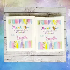 The personalized paper bags for the art party thank guests for making the birthday so colorful, with a lovely watercolor design.