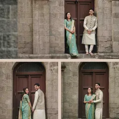 A collage of moments from a heritage pre-wedding shoot, showing a variety of poses and interactions that capture the couple's story against a beautiful backdrop.