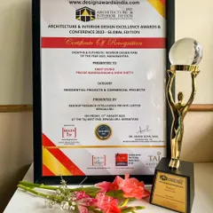 A close-up of our award for "Creative & Futuristic Interior Design Firm of the Year." We are so grateful for the recognition and motivated to continue transforming spaces.