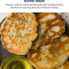 Our classic Butter Naan is brushed generously with creamy butter, perfect for pairing with your favourite rich curries.