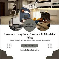 A promotional graphic advertising luxurious living room furniture at affordable prices. It showcases a collage of our diverse projects, highlighting our commitment to quality craftsmanship and exclusive designs.