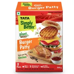 Capturing a deconstructed burger patty for Tata's plant-based range. The image highlights the grilled texture of the patty and the fresh ingredients, communicating a wholesome and tasty meal.