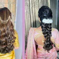 On the left, you see a beautiful half-up style with long, flowing curls. The look is completed with a traditional pearl accessory that drapes elegantly over the hair, perfect for a sangeeet or engagement.