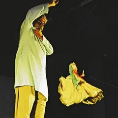 A moment of pure energy on stage. Here, I am performing with a dancing puppet, lost in the story and the music. We bring this passion to every show, making the kathputli dance, fight, and fly.