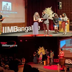 A collage capturing the highlights from the TEDx IIM Bangalore event. The top image shows me receiving an award, and the bottom shows the full stage setup with the band during my live painting performance.