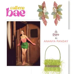 A vibrant and playful look inspired by Ananya Panday. This colour-blocked outfit is perfectly accessorized with my beaded grape-bunch earrings and the lime green feather wrist bag.
