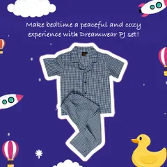 The same Dreamwear PJ set, shown here in a stylish blue woven check pattern. A perfect choice for a peaceful and cozy bedtime experience.