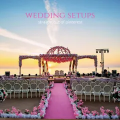 A stunning beachside mandap at sunset, with a delicate floral structure and a pink aisle. This image, titled "Wedding Setups straight out of Pinterest," showcases the kind of dream-like scenes I love to create.