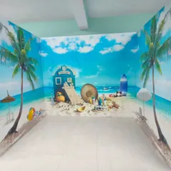 This immersive beach scene mural covers three walls, creating a fun, 3D-like effect perfect for a photo booth, event space, or a themed retail store.