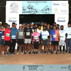The starting line of the Jarakabande Eco Ultra, where runners gather before taking on the forest trails. We ensure every race begins with high energy and clear instructions for all participants.