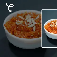 A close-up of our delicious and healthy Gajar Halwa. We make it with fresh carrots and just the right amount of sweetness, topped with almonds for a nice crunch.