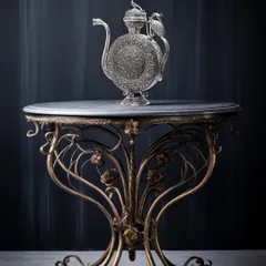 A dramatic, fine-art approach to product photography. This shot of an ornate silver vessel uses moody lighting to highlight its intricate details and antique value, perfect for luxury decor brands.