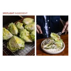 A spotlight on the key ingredient: crisp, fresh iceberg lettuce. On the right, you see the finished Manor Caesar salad, showing how a simple ingredient can be transformed into a delicious and satisfying dish.