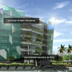 This render showcases the vertical green terraces and horizontal louvers designed for the building. These features provide passive cooling and sun shading, demonstrating our commitment to climate-responsive architecture.