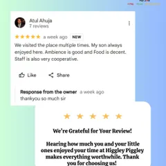 "My son always enjoyed here. Ambience is good and Food is decent." Thank you to Atul Ahuja for this kind review. We love being a place families enjoy visiting multiple times.