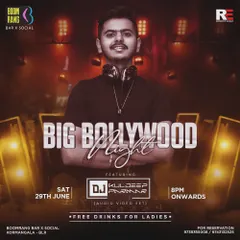 Poster for a 'Big Bollywood Night' at Boomrang Bar X Social, featuring my audio-video set.