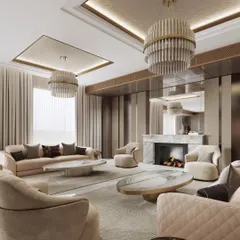 An alternate view of the grand living room, this render provides a different perspective on the spacious layout and symmetrical design. It highlights the dual chandeliers and the elegant arrangement of the seating areas.