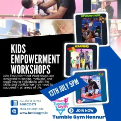 This poster details our Kids Empowerment Workshops, designed to inspire, motivate, and equip young individuals with the confidence they need to succeed. The event includes sessions on development, learning, and fun activities.