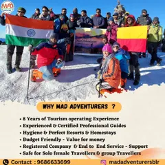 Our proud group at the Kedarkantha summit, holding the Indian and Karnataka flags high. We are a community of adventurers from Namma Bangalore, exploring the Himalayas together.