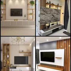 More inspiration for your living room. This collage presents four different styles of TV units, showcasing various combinations of wood, marble, and lighting.