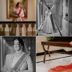 A collection of elegant portraits of the bride, showcasing her in the beautiful corridors of the hotel. These quiet, solitary moments are a beautiful part of the story.