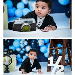 Two portraits from a half-birthday session, showing different angles and props. One shot features a vintage camera prop, while the other highlights the "1/2" sign, both capturing this baby's curious nature.