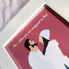 An angled shot of the "wrapped in love" illustration, showing how the white frame complements the artwork's warm and romantic theme.