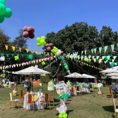 A wide view of a sunny outdoor jungle-themed party on a large lawn, with themed seating areas, banners, and balloon decorations.