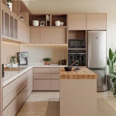 A warm and inviting kitchen with beige-pink matte cabinets and a wooden island. The open shelving and integrated appliances create a space that is both highly organized and beautifully styled for modern living.