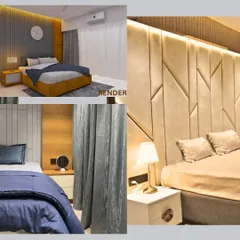 A "Render vs. Real" comparison for a bedroom in the Swami residence. Our 3D renders accurately predicted the final outcome, from the custom upholstered headboard to the ambient lighting, ensuring the client's vision was perfectly realized.