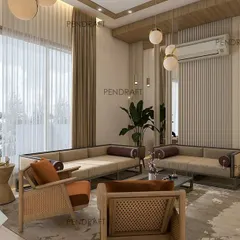 Another angle of the proposed Zen drawing room, showcasing the blend of natural wood, soft textiles, and minimalist decor that defines this serene design language.