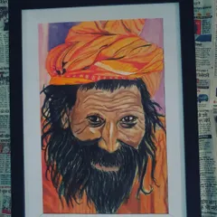 A colourful portrait of a sadhu, capturing the wisdom and character in his eyes with bright acrylics. This A3 piece is framed.