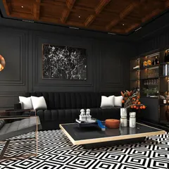 A luxurious home bar and entertainment lounge designed with a moody, sophisticated palette. The room features dark paneled walls, a coffered wooden ceiling, a bold black-and-white geometric rug, and a custom-built bar with integrated shelving.