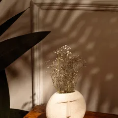 The round version of the face vase, also styled with delicate dried flowers and beautiful, natural lighting.