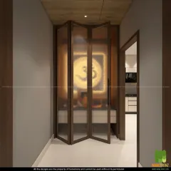 The foldable, frosted glass door of the pooja room, providing privacy while allowing light to filter through.